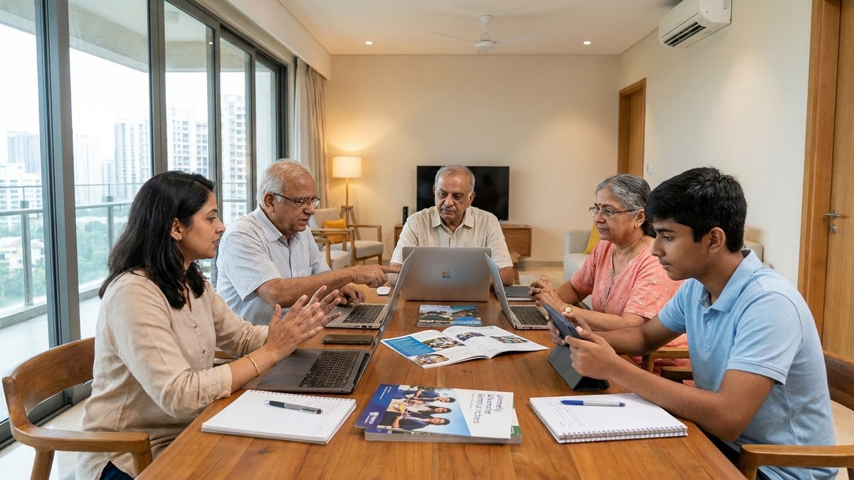 Indian family discussing education choices in modern home