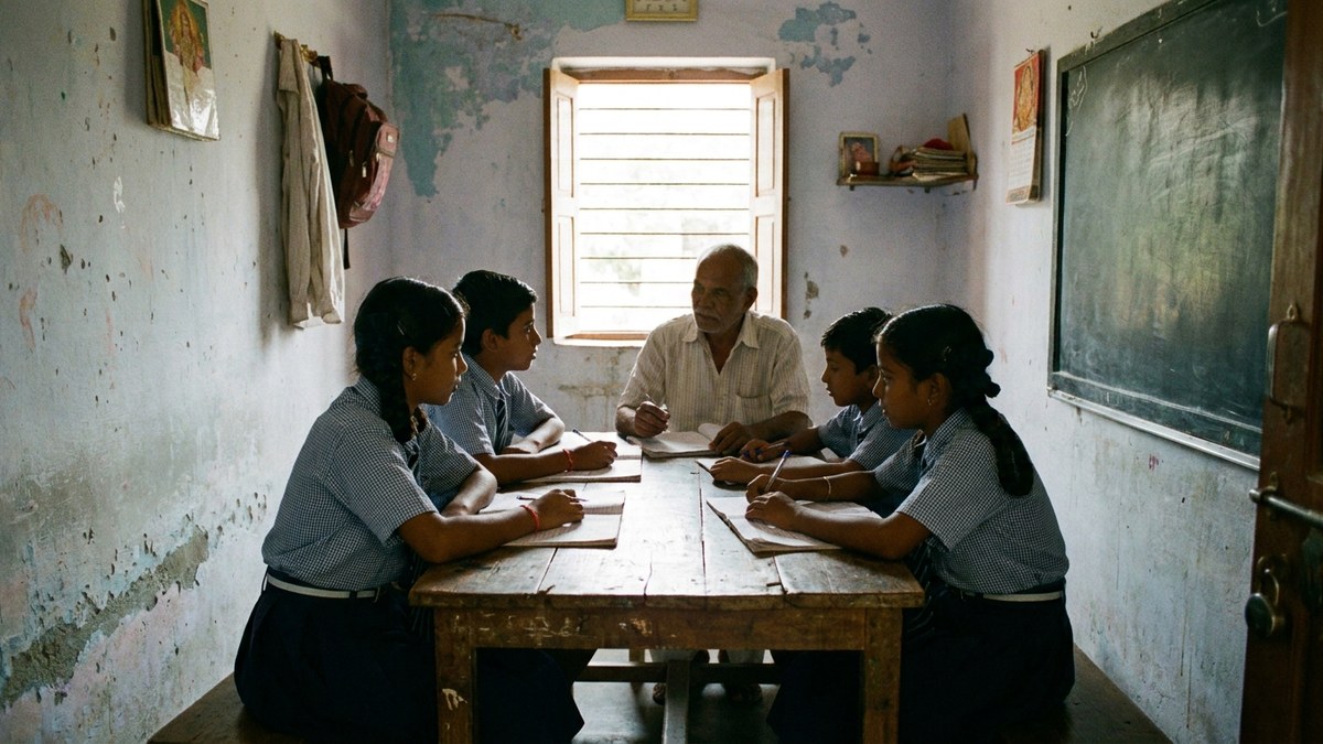 Indian students learning from a tutor in a home classroom