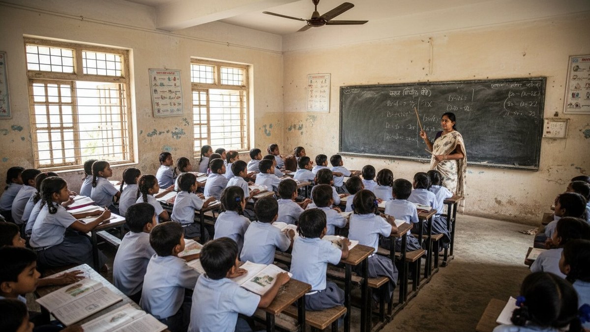 Microschool teacher personally mentoring a handful of Indian students at a shared table in a home-like learning space