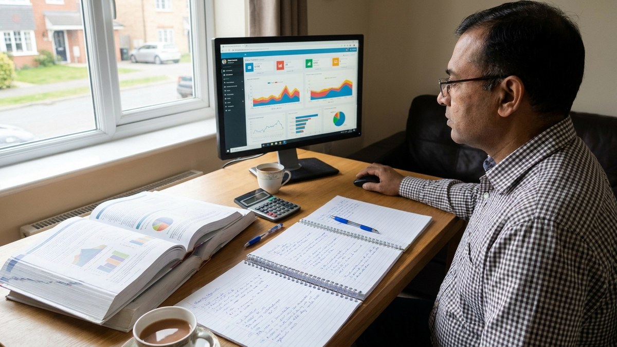 Indian educator reviewing student performance data on computer screen in a learning centre