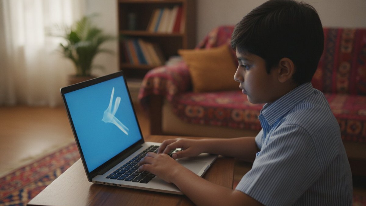 Indian school student practising typing on computer keyboard in home study room