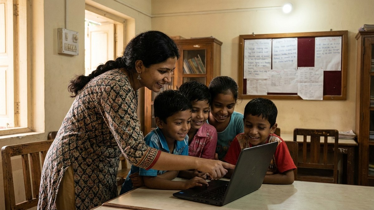 AI tools for homework supported by an Indian tutor in a community classroom