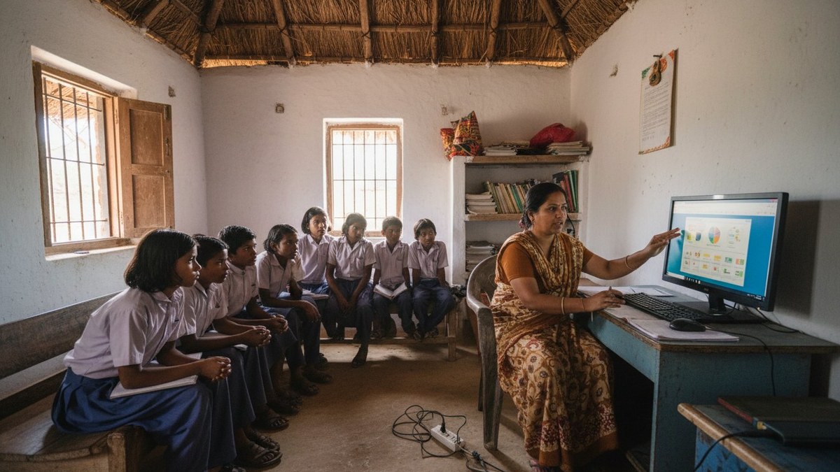 edtech startup India educator teaching students through a computer in a rural centre