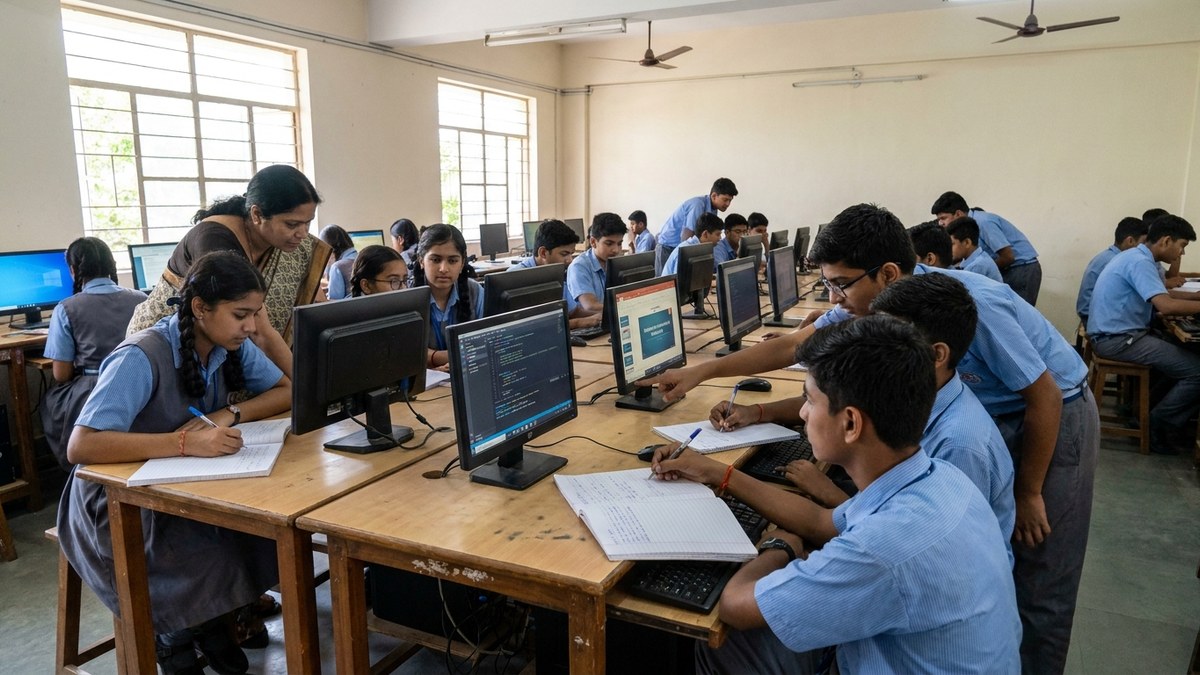 Indian Class 10 students working together in a school computer lab, practicing communication and computer skills on screens, employability skills class 10