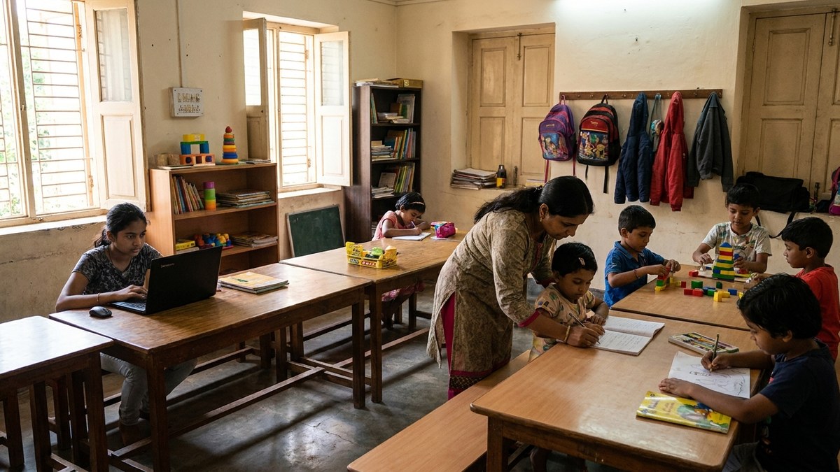 Children collaborating at a community learning pod, a model growing with unschooling in India