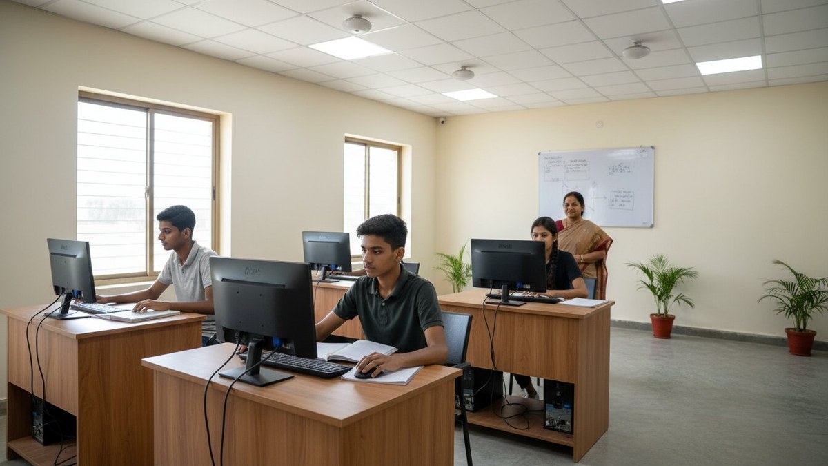 Indian students learning digital skills at desktop computers in a community learning centre