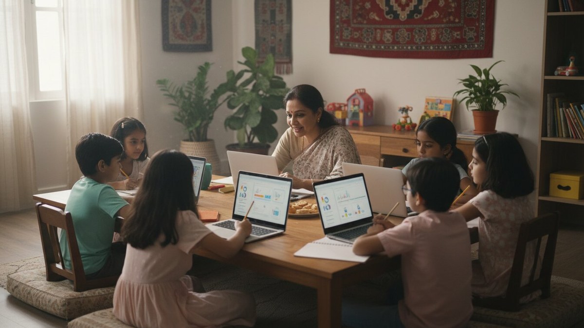 Small group of Indian children learning together at a home pod setup with laptops and teacher guidance