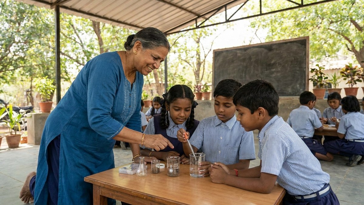 Indian educator guiding students with practical activity