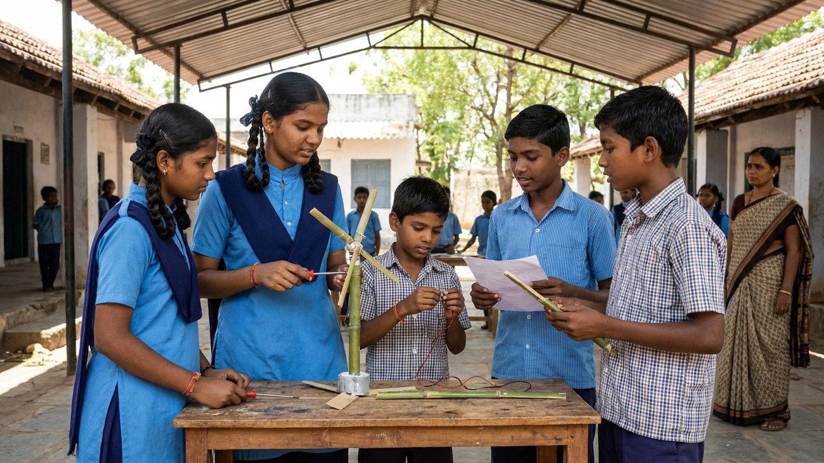 Group of students building a project together in an Indian school