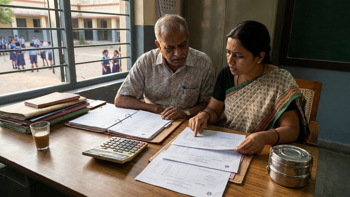 Teacher salary discussion with payslip documents on desk