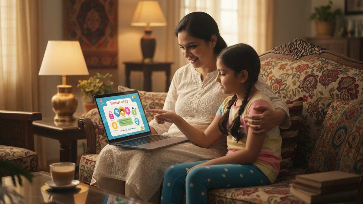 Indian mother teaching cyber safety for students at home
