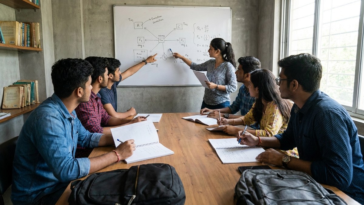 Group of students collaborating and solving problems together in a community learning space