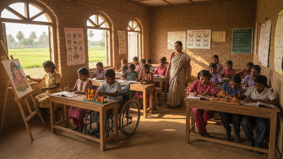 Indian teacher helping small group with different learning materials