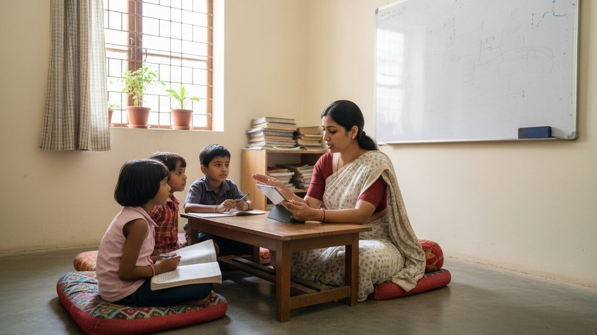 group tuition vs one to one tuition - Indian tutor with students in a community learning room