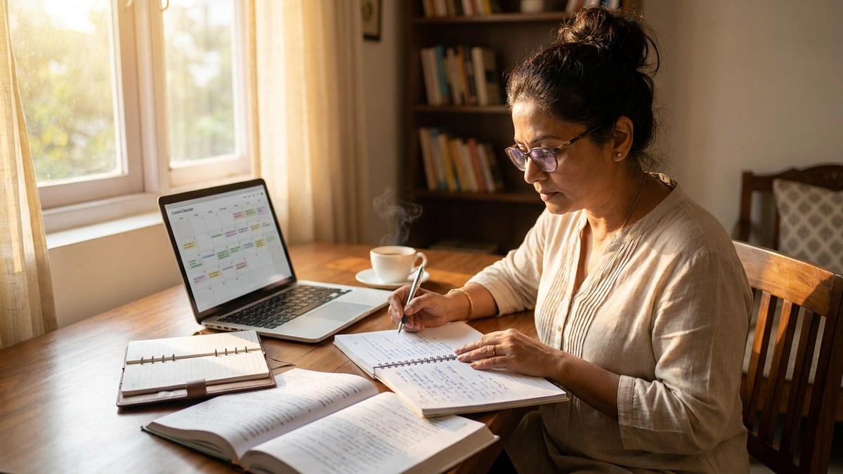 Indian woman reviewing study notes and planning blog content