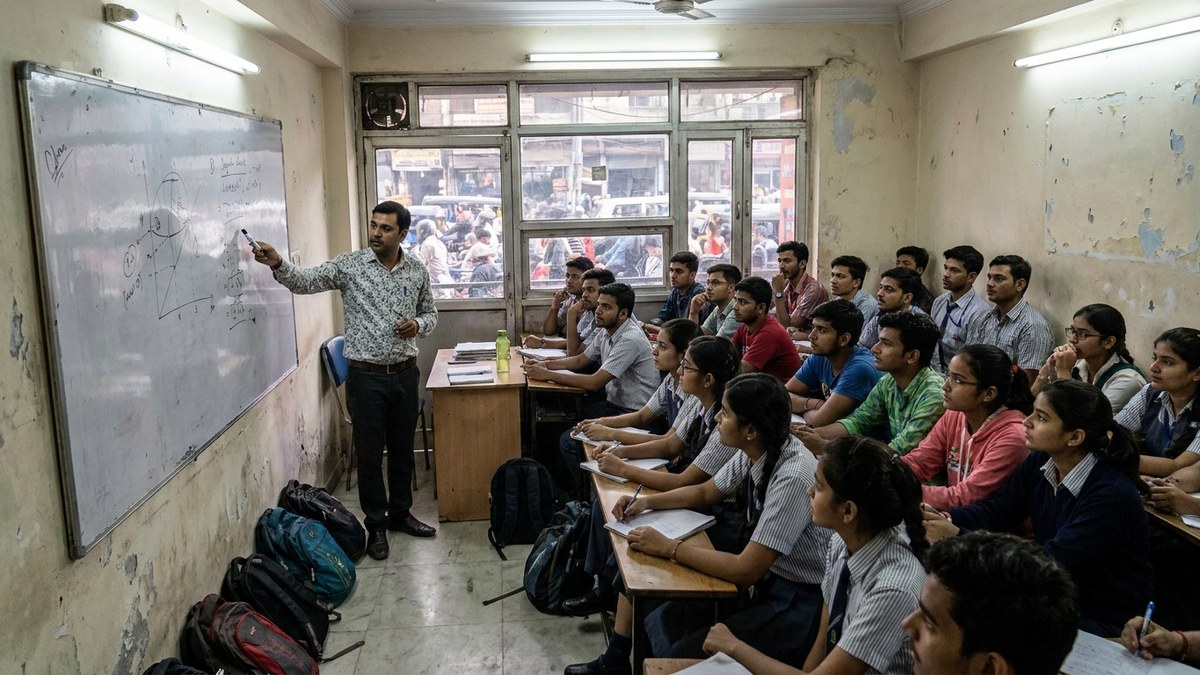 Crowded Indian offline coaching classroom with teacher at whiteboard and students at desks