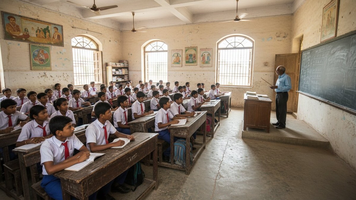 Large traditional Indian school classroom with uniformed students at desks