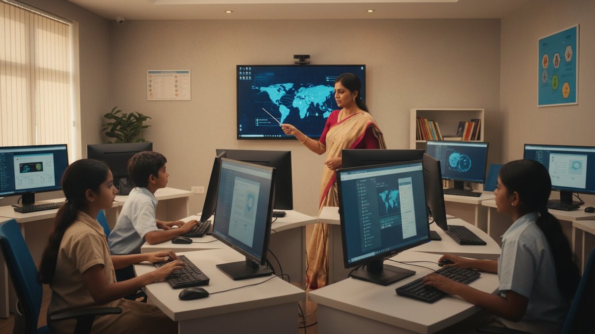 Indian educator teaching students with balanced technology use