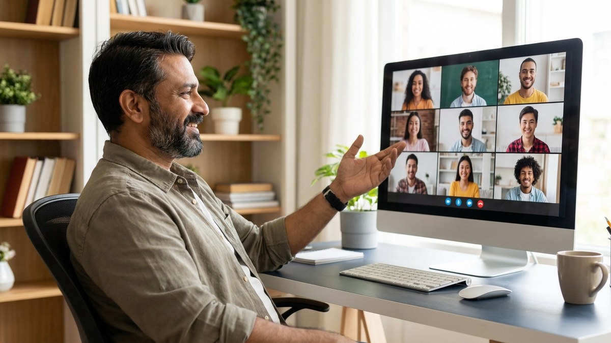 Sustainable fix for tuition teacher burnout - relaxed Indian tutor conducting online class on desktop computer
