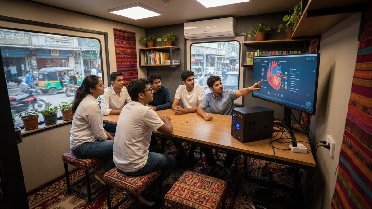Classroom desk with monitor, mini PC, and students learning together
