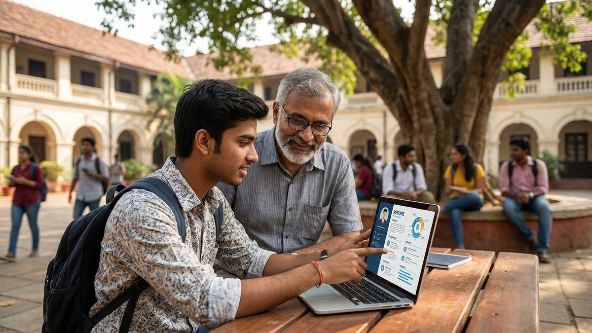 Indian college student showing digital resume to mentor