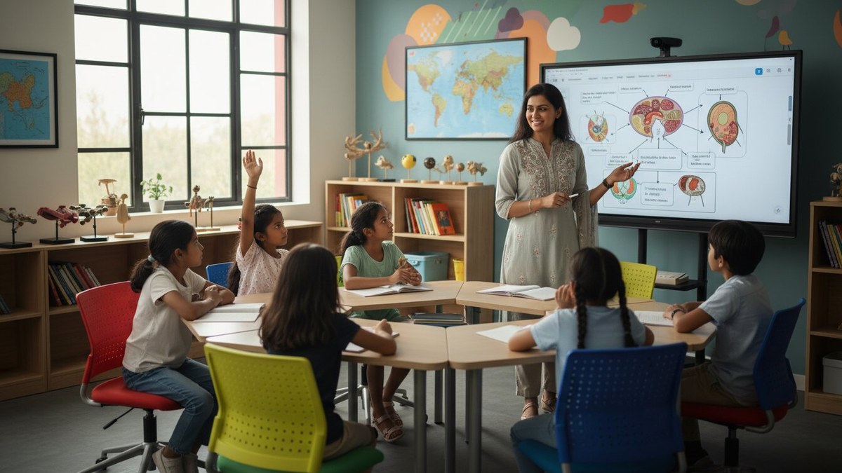 Indian educator explaining a concept beside a monitor to attentive students