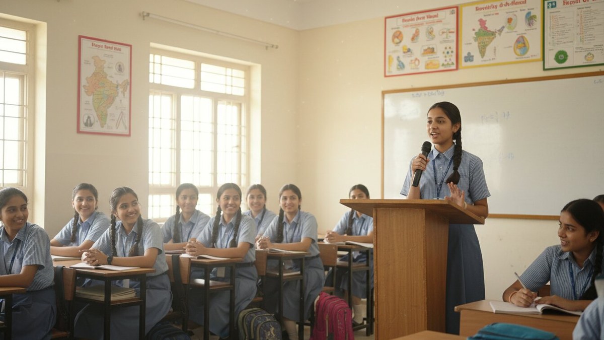 Communication skills for employability - Indian schoolgirl speaking confidently at the classroom podium