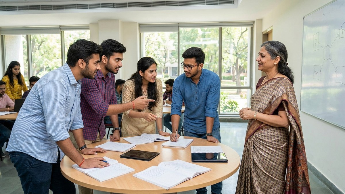 Indian students engaged in group discussion sharing ideas