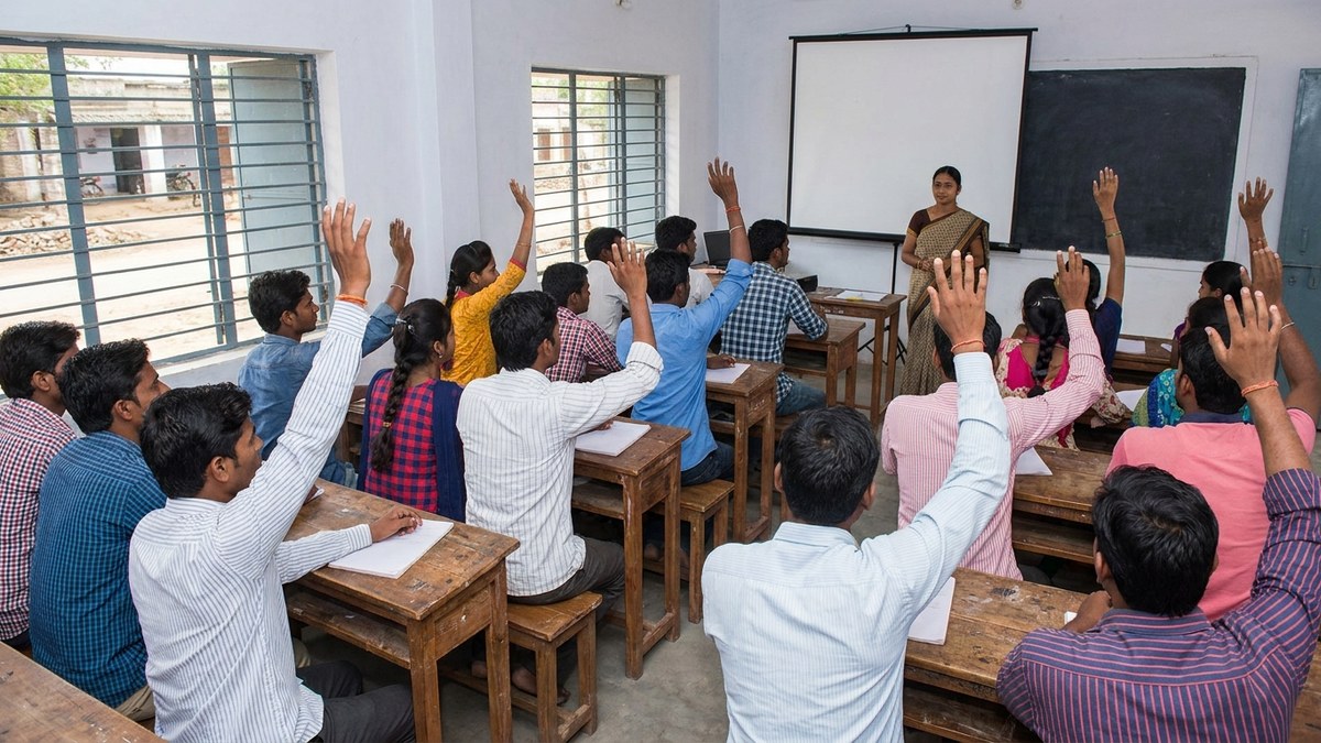 Indian students raising hands and participating during classroom quiz