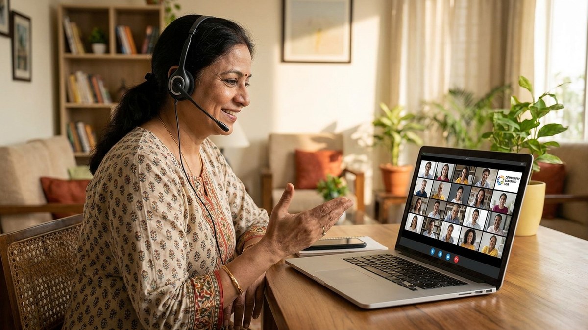 Indian woman tutor conducting online tutoring session on laptop