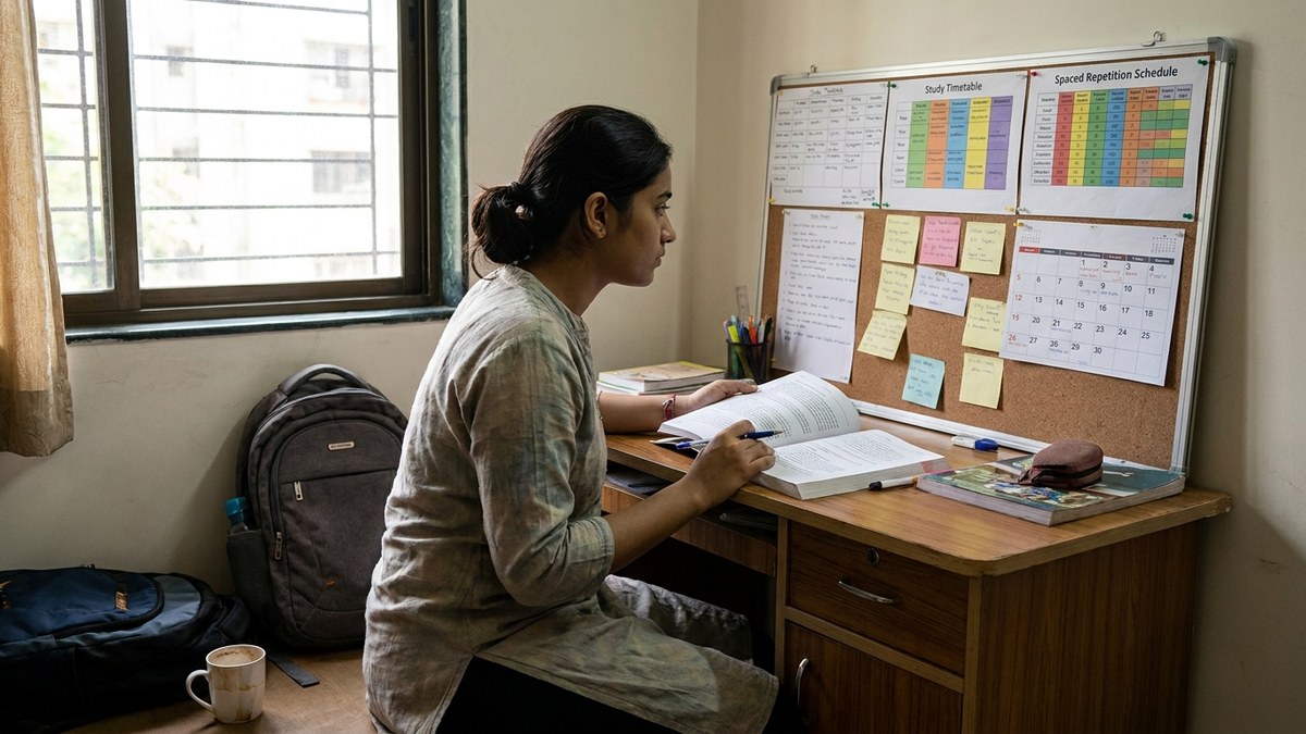study methods with spaced repetition schedule on revision board