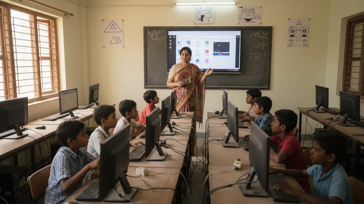 Educator teaching computer skills to students on desktop computers in community learning centre