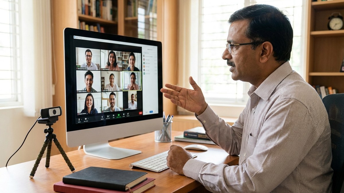 Indian educator teaching an online class from a professional home office setup