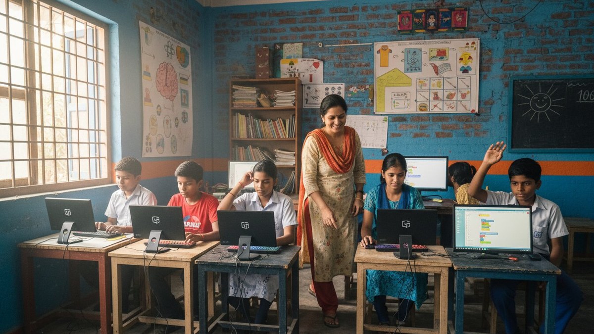 Indian teacher running a small community learning pod with students on Mini PCs, personalized learning in progress