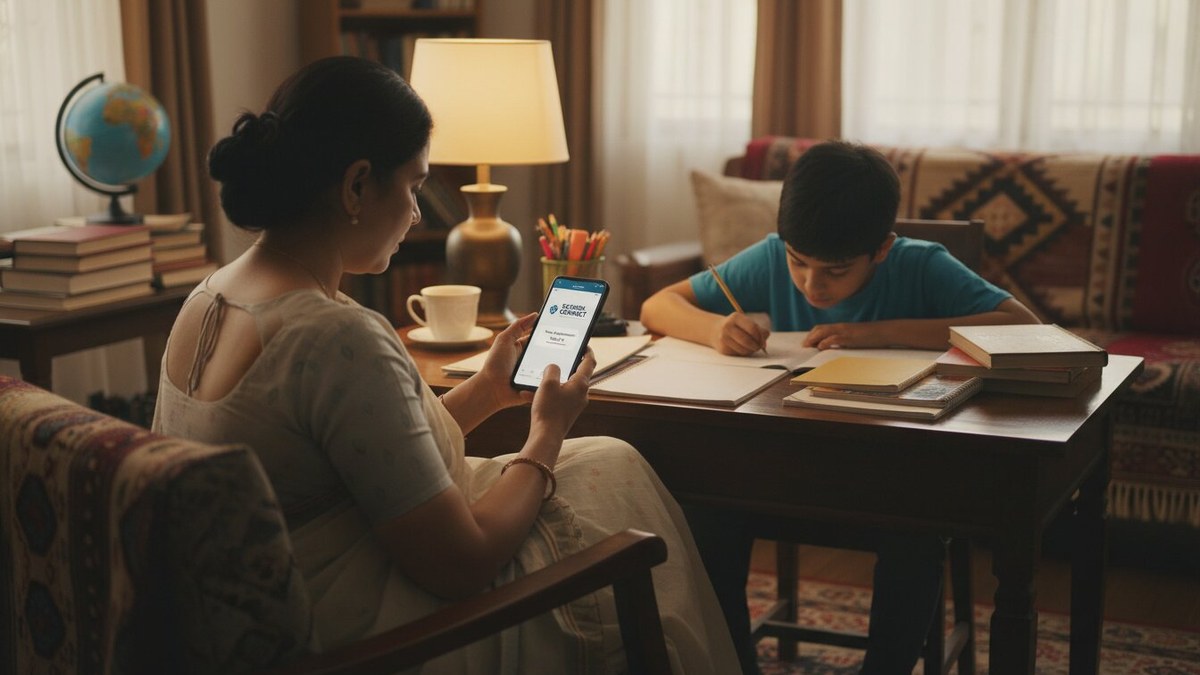 Indian mother checking school app notification on phone while child does homework
