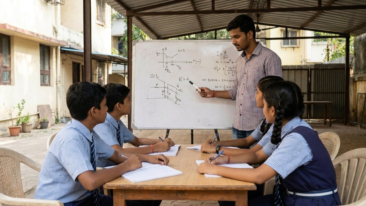 Group of Indian students studying with young tutor at whiteboard