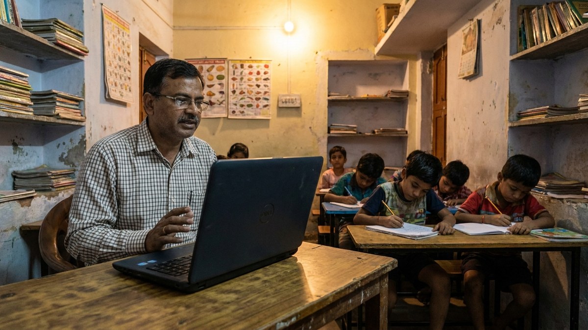 Indian tuition teacher using AI grading software on laptop with students working in background