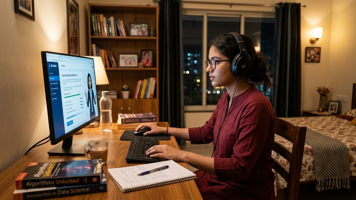 Student using AI learning system at home in India