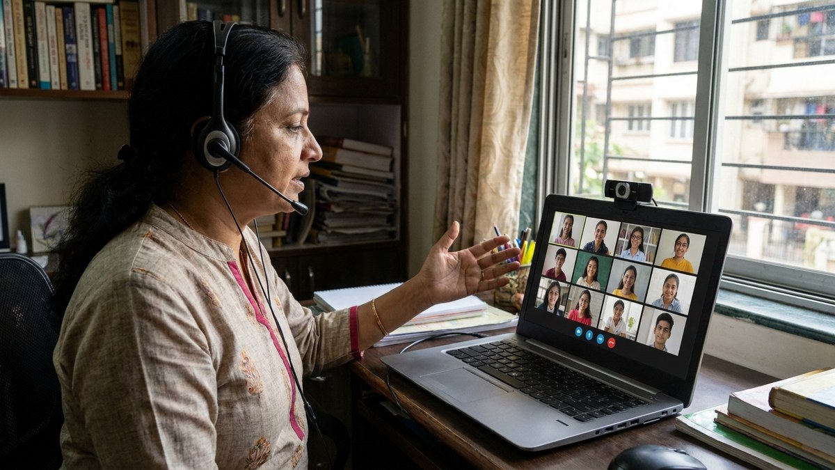 WhatsApp for education teaching: Indian educator conducting video class on laptop with remote students
