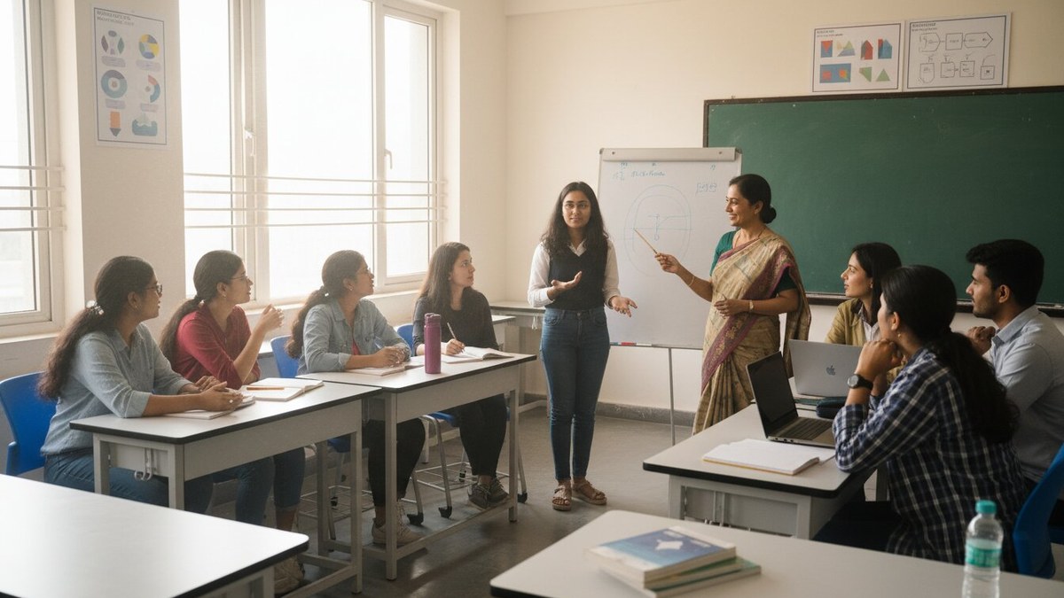 Indian students practicing group discussion and presentation skills in classroom