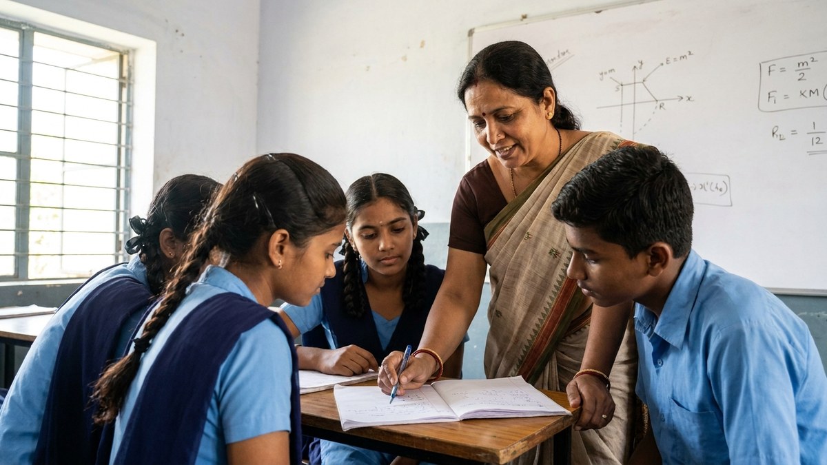 Indian tuition teacher explaining the cornell method to attentive students in a classroom