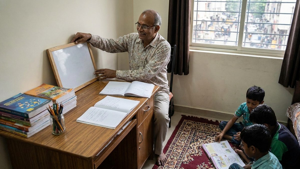 Indian educator arranging home tutoring setup with whiteboard