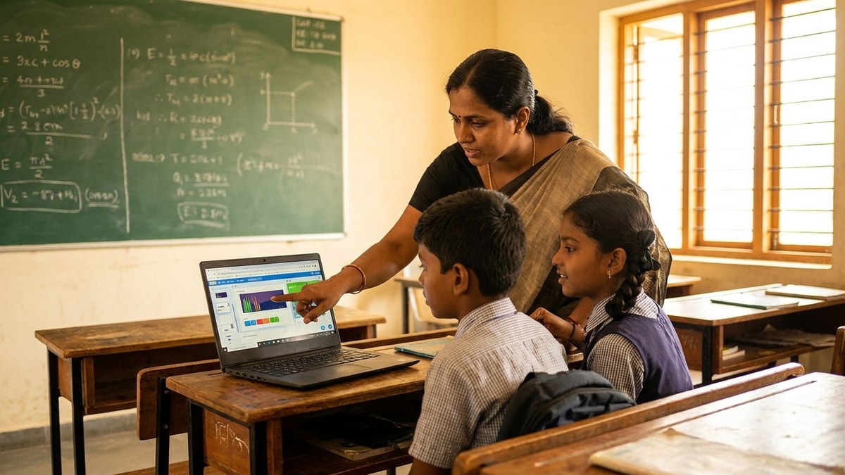 Indian teacher guiding students using AI tools in classroom