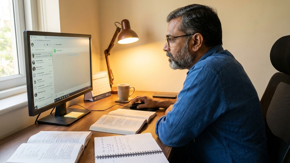 Indian educator creating WhatsApp broadcast lists for students
