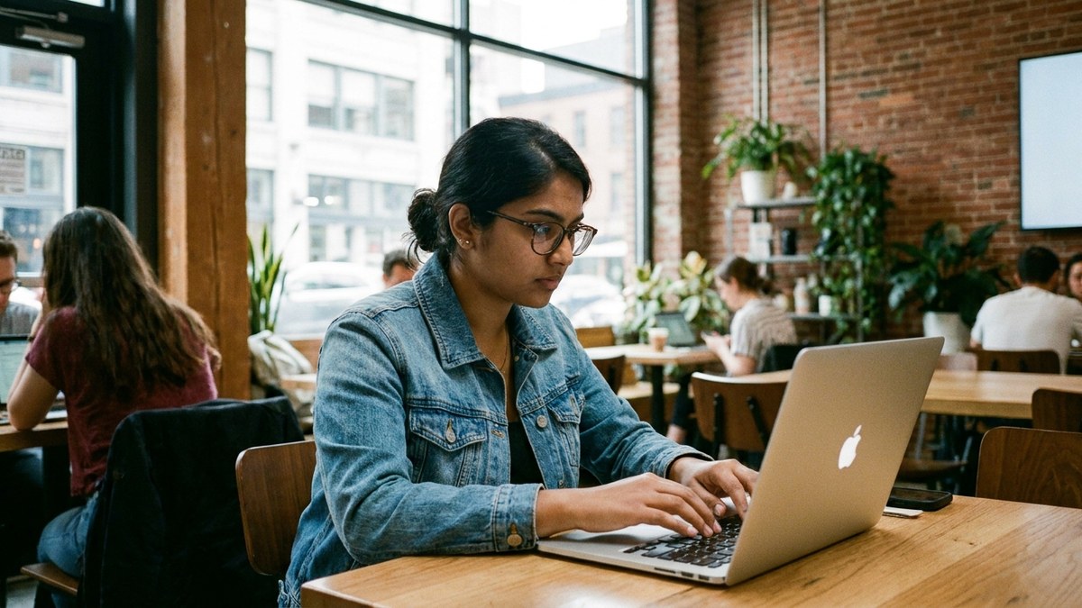 Young Indian freelancer typing on laptop in co-working space with focused expression