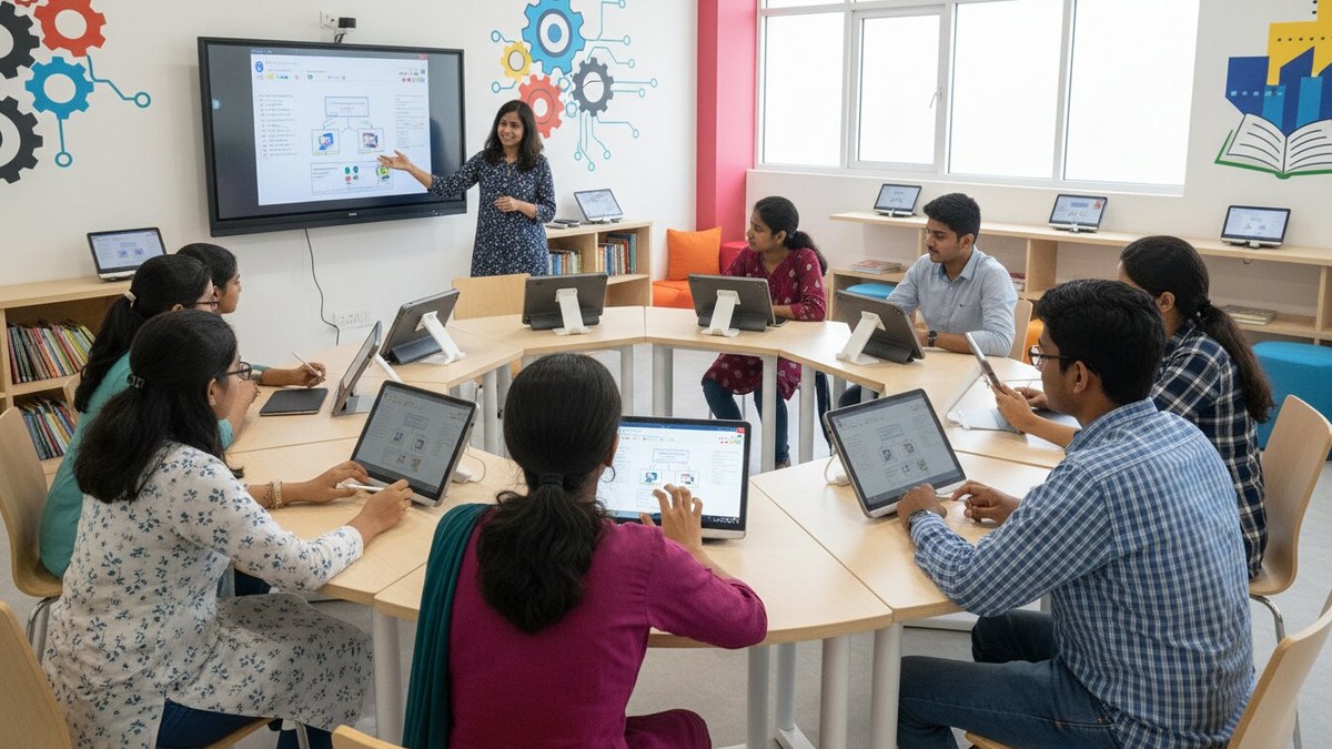 Indian government training center with students and modern equipment
