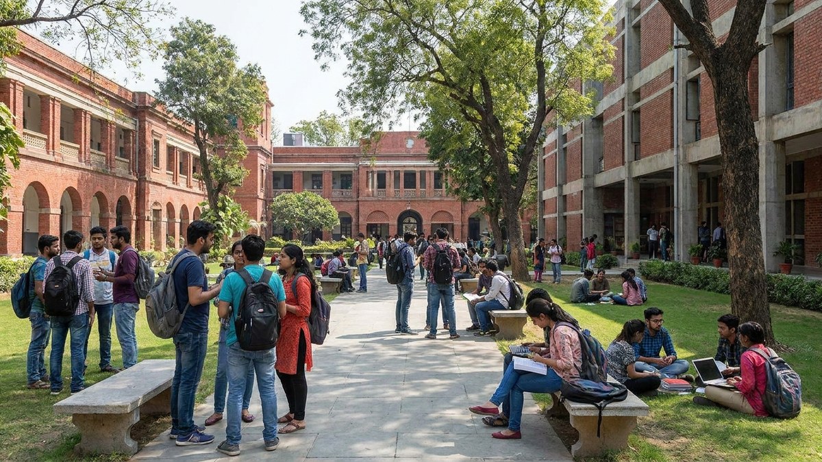 Indian university campus with students walking