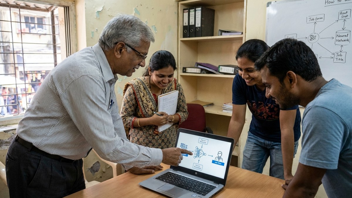 Indian teacher guiding students through AI career course material on laptop