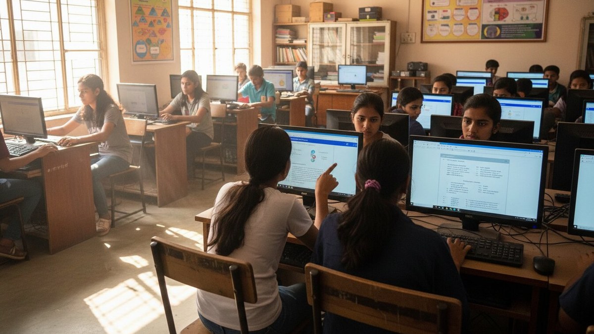 Indian students at a community learning centre examining information on monitors