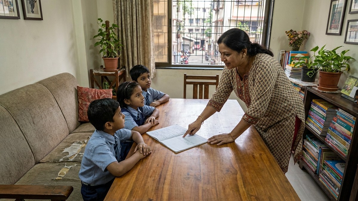 Small group of Indian children learning together in a bright microschool classroom with a teacher guiding them
